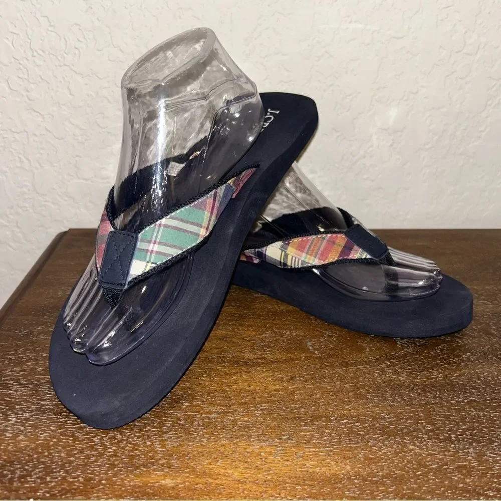 J. Crew Factory Navy Flip-Flop Sandals with Multicolor Plaid Straps - Picture 1 of 8